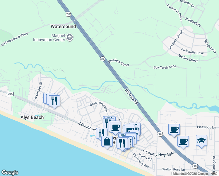 map of restaurants, bars, coffee shops, grocery stores, and more near 149 Redbud Lane in Rosemary Beach