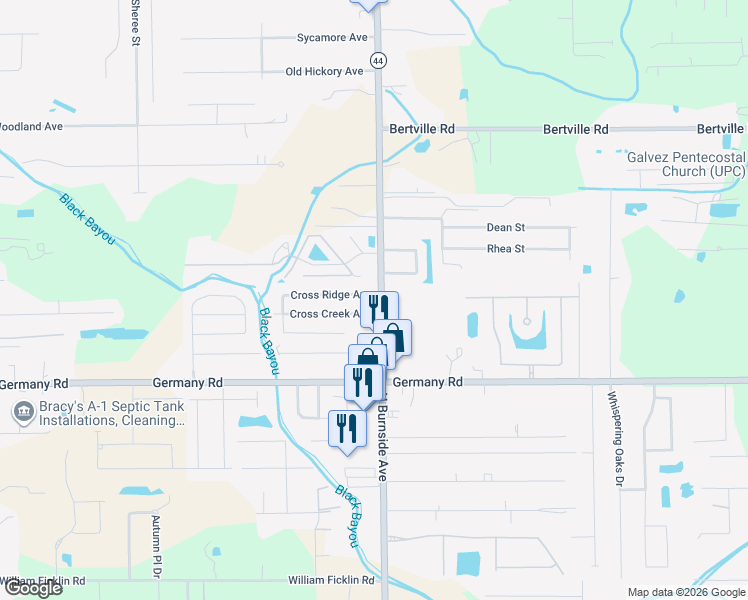 map of restaurants, bars, coffee shops, grocery stores, and more near 15133 Louisiana 44 in Gonzales