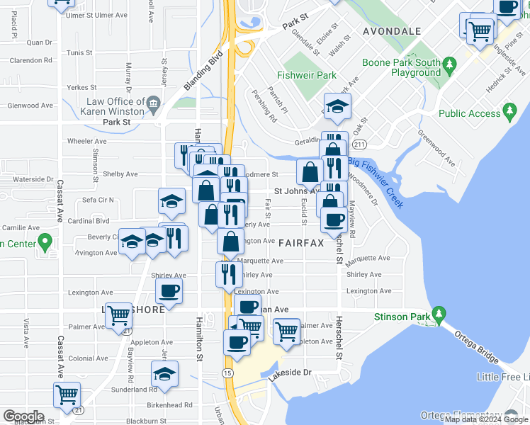 map of restaurants, bars, coffee shops, grocery stores, and more near 4402 Melrose Avenue in Jacksonville