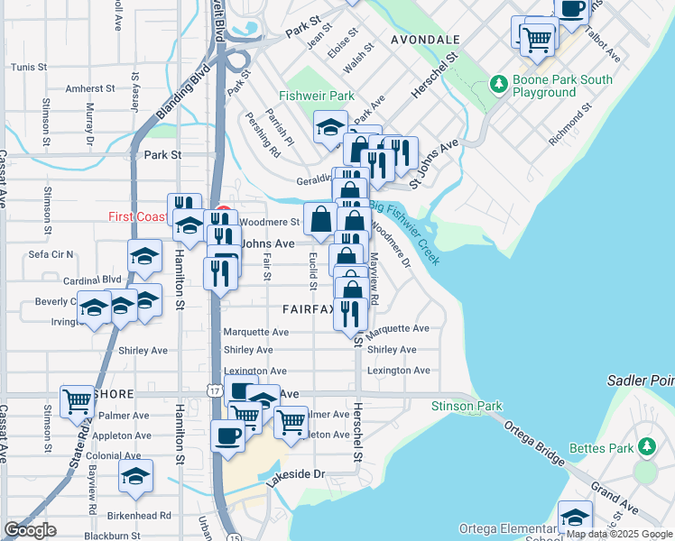 map of restaurants, bars, coffee shops, grocery stores, and more near 4230 Melrose Avenue in Jacksonville