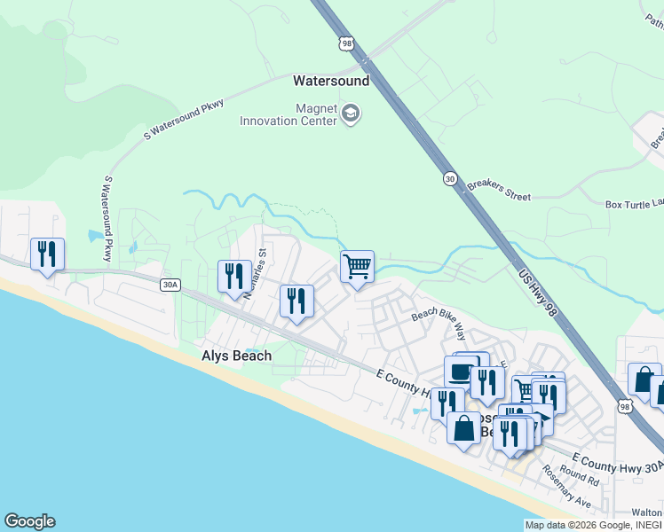 map of restaurants, bars, coffee shops, grocery stores, and more near 107 Featherbed Alley in Panama City Beach