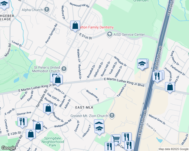 map of restaurants, bars, coffee shops, grocery stores, and more near 4706 Broadhill Drive in Austin