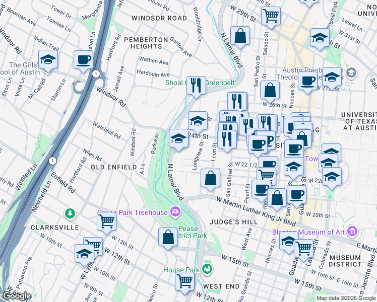 map of restaurants, bars, coffee shops, grocery stores, and more near 2312 Shoal Creek Boulevard in Austin