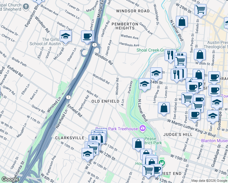 map of restaurants, bars, coffee shops, grocery stores, and more near 2302 Windsor Road in Austin