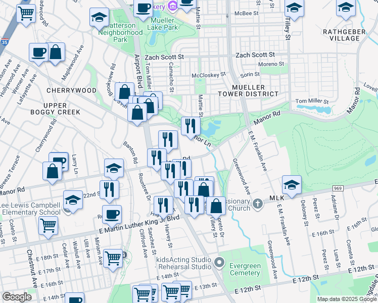 map of restaurants, bars, coffee shops, grocery stores, and more near 3713 Manorwood Road in Austin
