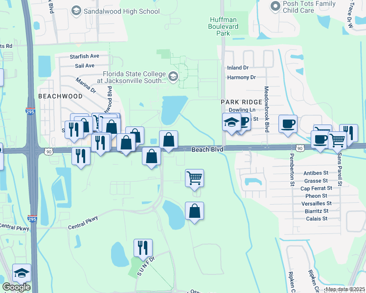 map of restaurants, bars, coffee shops, grocery stores, and more near in Jacksonville