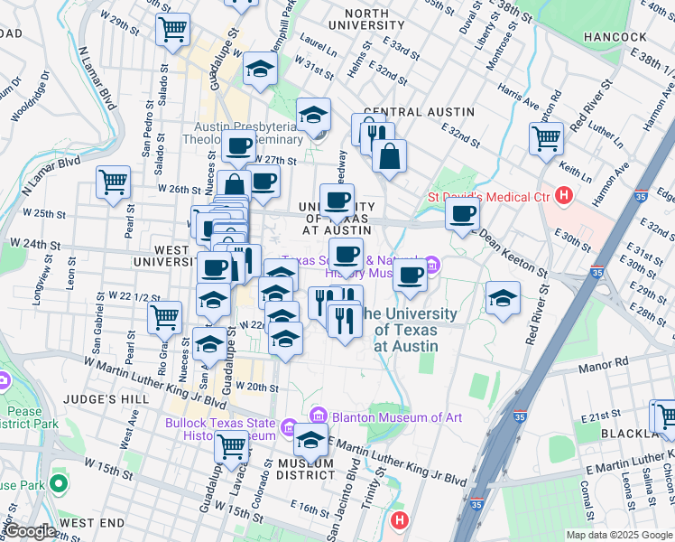map of restaurants, bars, coffee shops, grocery stores, and more near 215 East 24th Street in Austin