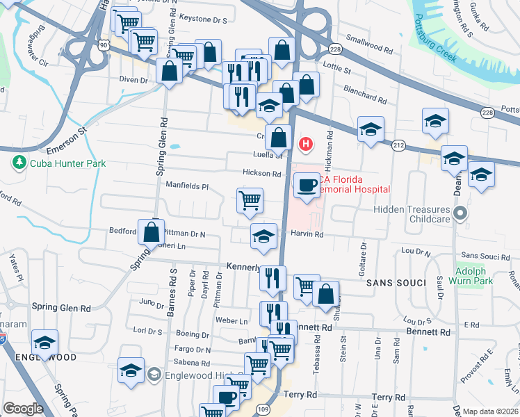 map of restaurants, bars, coffee shops, grocery stores, and more near 3760 University Boulevard South in Jacksonville