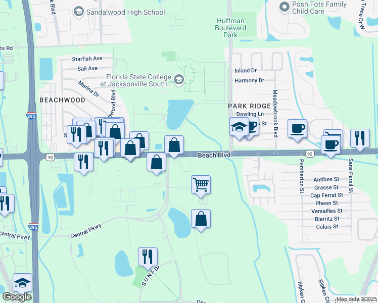 map of restaurants, bars, coffee shops, grocery stores, and more near in Jacksonville
