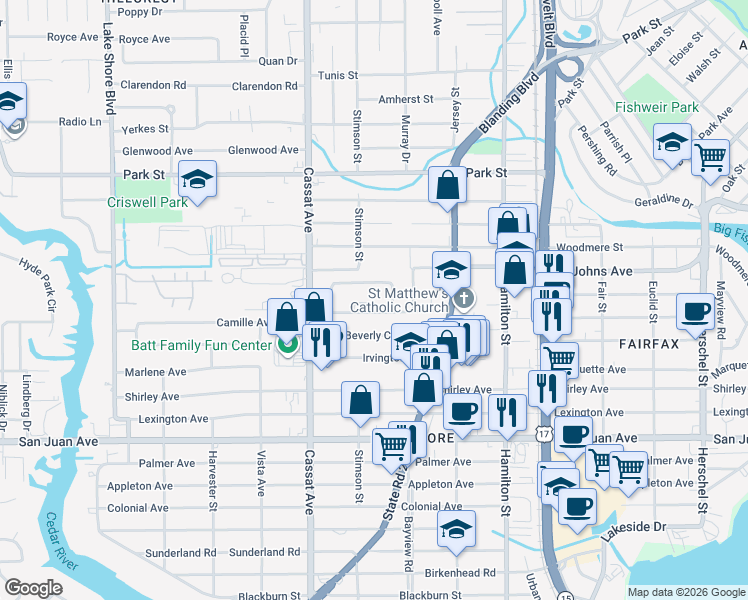 map of restaurants, bars, coffee shops, grocery stores, and more near 4749 Sefa Circle North in Jacksonville