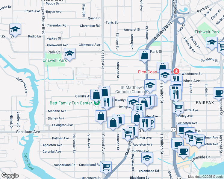 map of restaurants, bars, coffee shops, grocery stores, and more near 4819 Sefa Circle North in Jacksonville