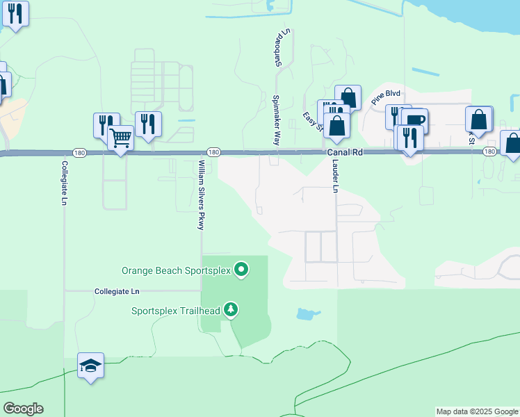 map of restaurants, bars, coffee shops, grocery stores, and more near 4399 Lindsey Lane in Orange Beach