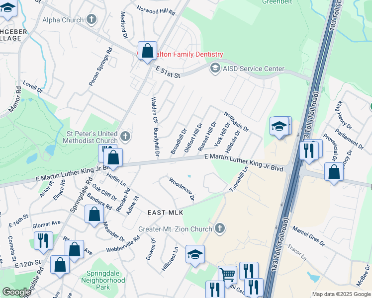 map of restaurants, bars, coffee shops, grocery stores, and more near 4706 Broadhill Drive in Austin