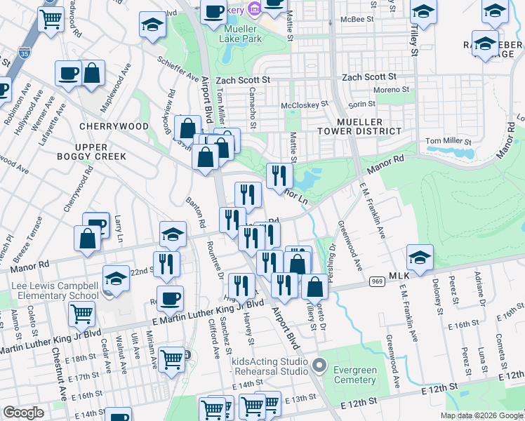 map of restaurants, bars, coffee shops, grocery stores, and more near 3713 Manorwood Road in Austin