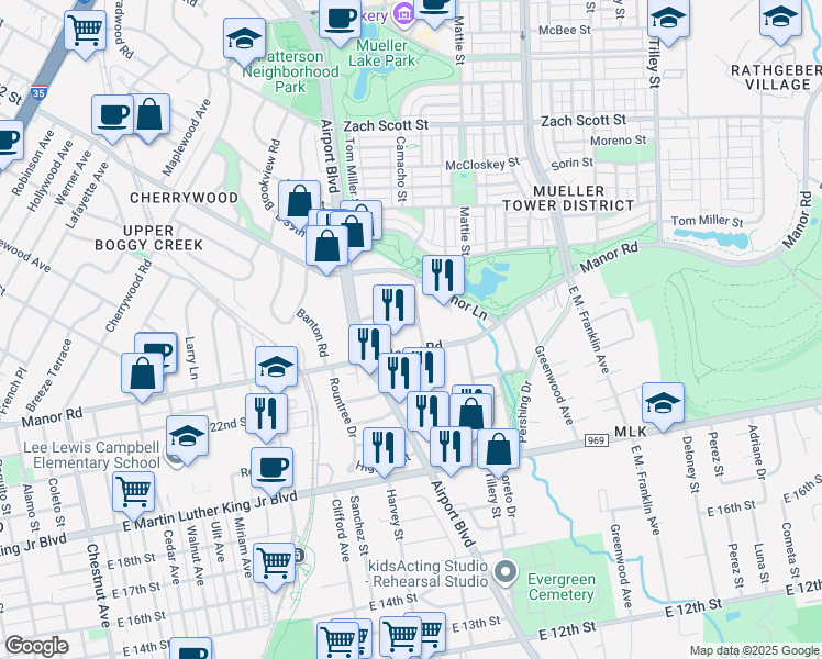 map of restaurants, bars, coffee shops, grocery stores, and more near 3713 Manorwood Road in Austin