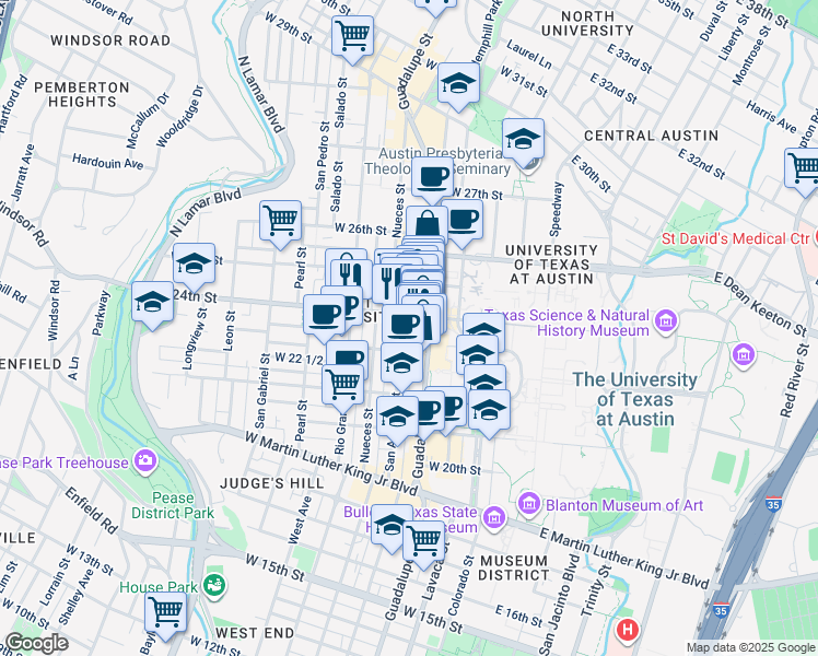 map of restaurants, bars, coffee shops, grocery stores, and more near 2400 Nueces Street in Austin