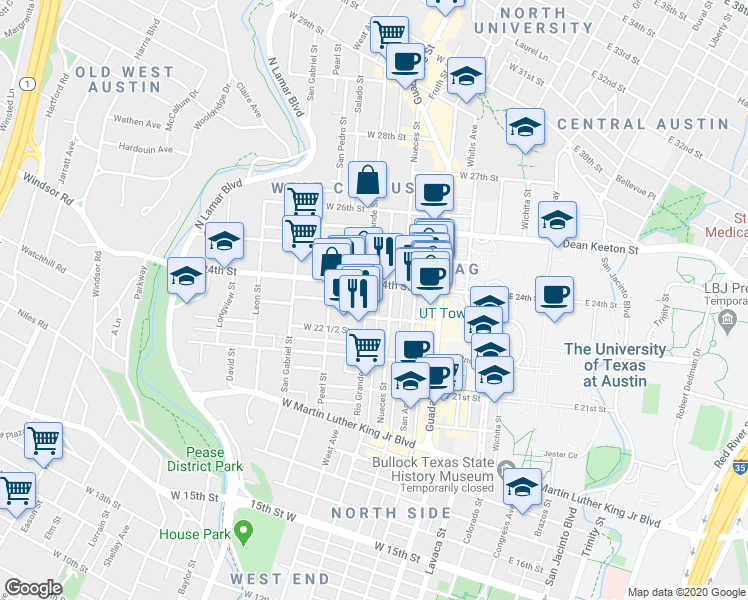 map of restaurants, bars, coffee shops, grocery stores, and more near in Austin