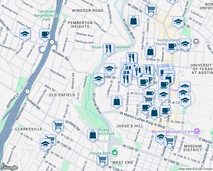 map of restaurants, bars, coffee shops, grocery stores, and more near 2312 Shoal Creek Boulevard in Austin