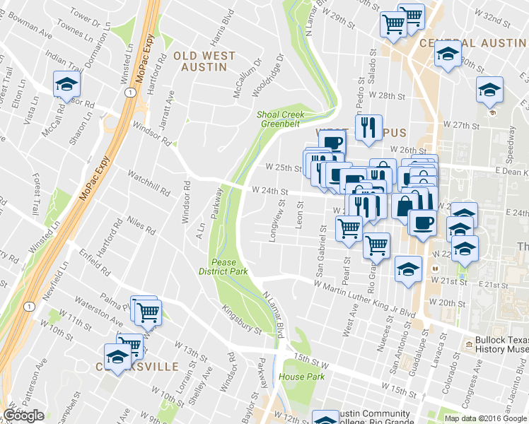 map of restaurants, bars, coffee shops, grocery stores, and more near 2312 Shoal Creek Boulevard in Austin