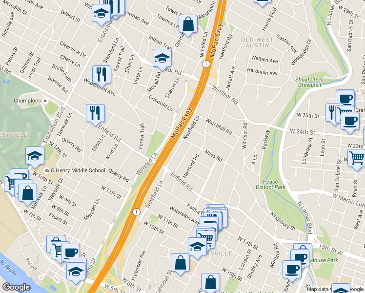 map of restaurants, bars, coffee shops, grocery stores, and more near 2100 Texas 1 Loop in Austin