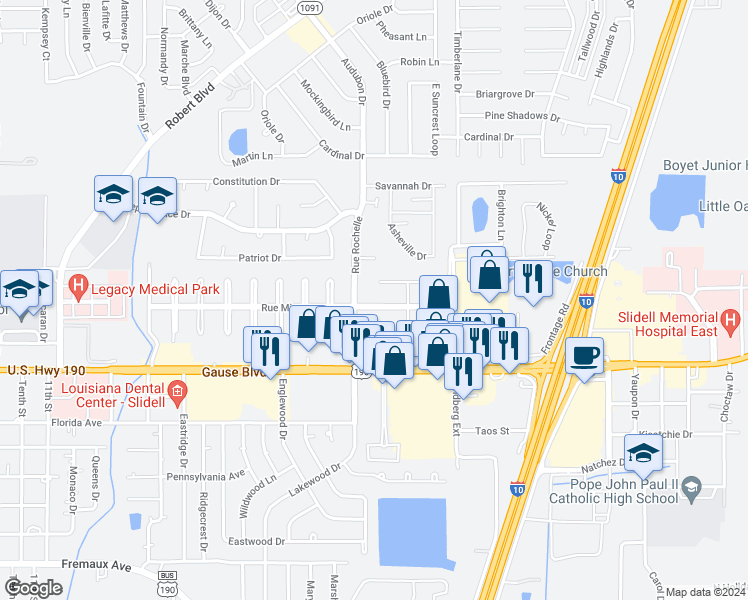 map of restaurants, bars, coffee shops, grocery stores, and more near 1502 Rue Miramon in Slidell