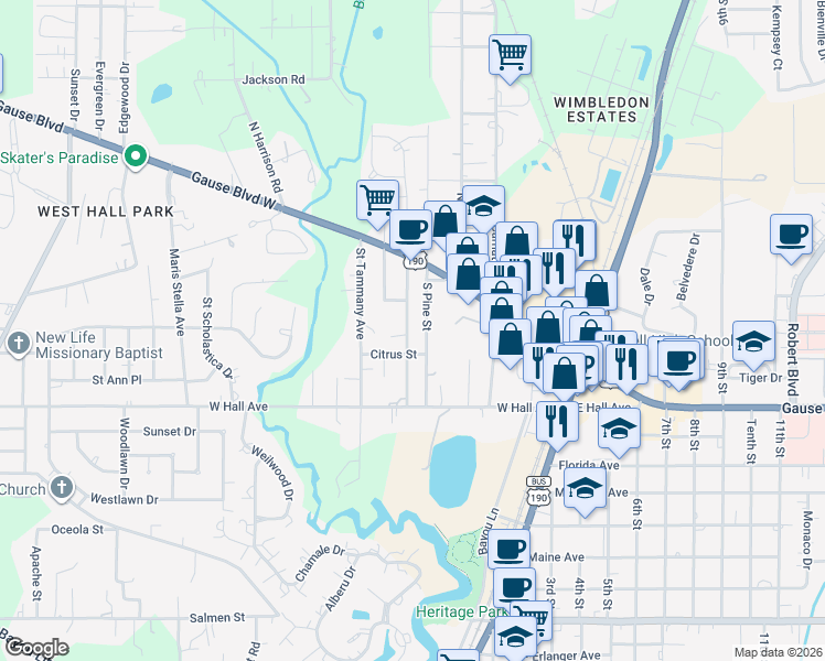 map of restaurants, bars, coffee shops, grocery stores, and more near 1137 South Pine Street in Slidell
