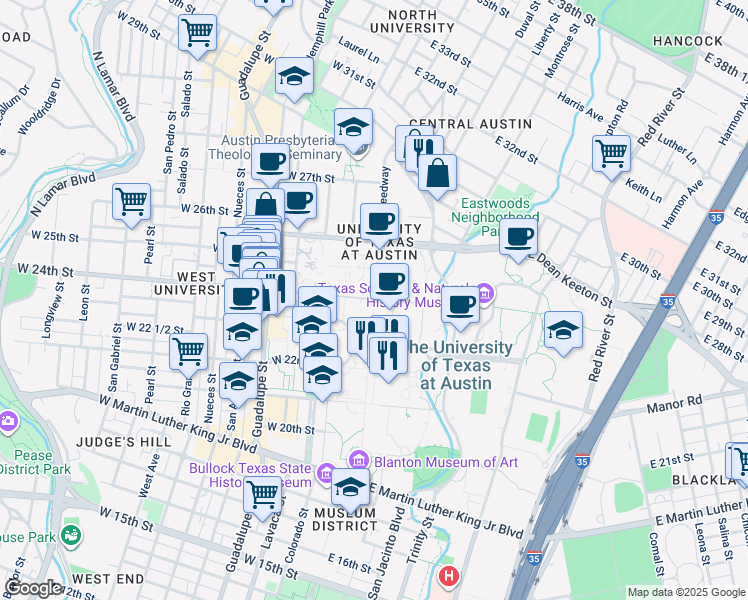 map of restaurants, bars, coffee shops, grocery stores, and more near 2506 Speedway in Austin