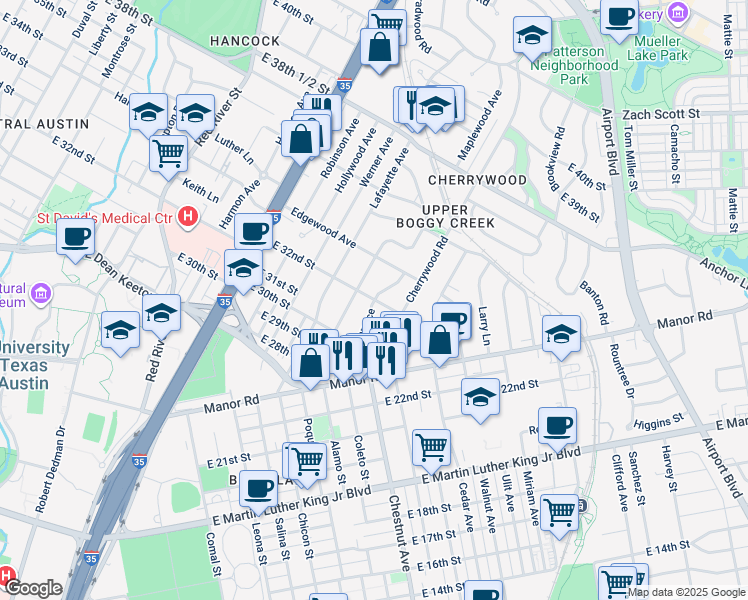map of restaurants, bars, coffee shops, grocery stores, and more near E 32nd St & Breeze Terrace in Austin