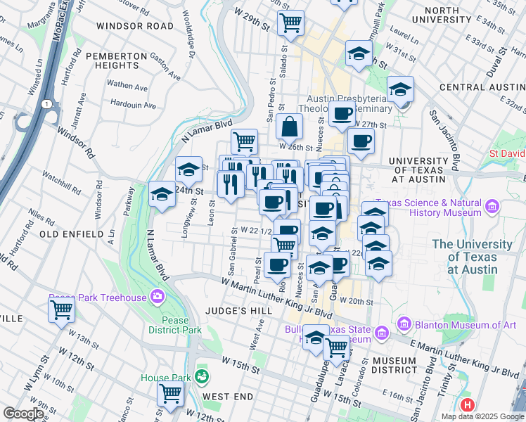 map of restaurants, bars, coffee shops, grocery stores, and more near Pearl Street & West 23rd Street in Austin