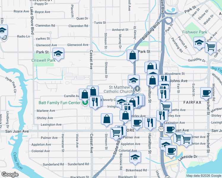 map of restaurants, bars, coffee shops, grocery stores, and more near 4749 Sefa Circle North in Jacksonville