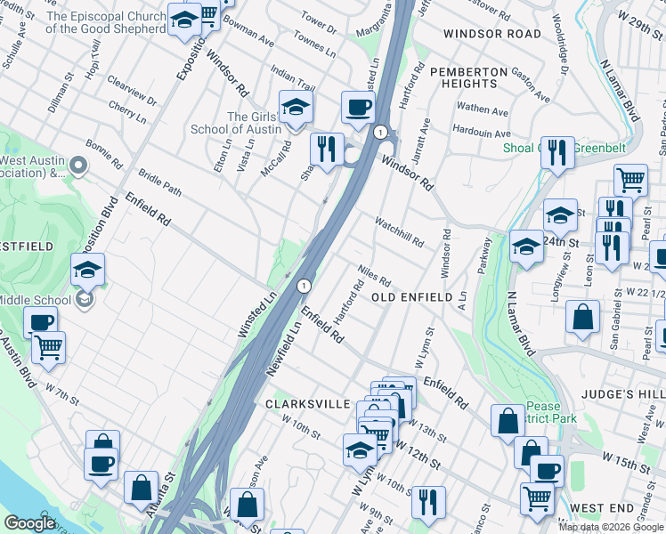 map of restaurants, bars, coffee shops, grocery stores, and more near 1712 Newfield Lane in Austin