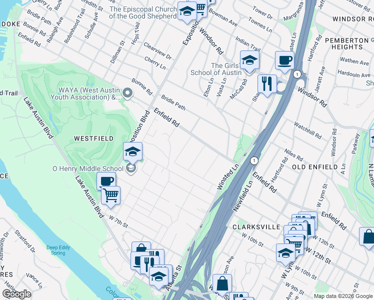 map of restaurants, bars, coffee shops, grocery stores, and more near 1401 Elton Lane in Austin