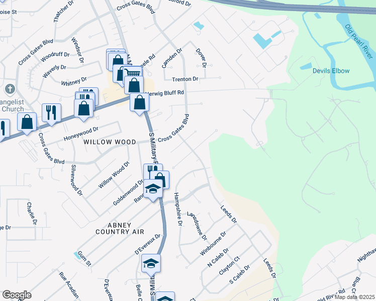 map of restaurants, bars, coffee shops, grocery stores, and more near 115 Ayshire Court in Slidell