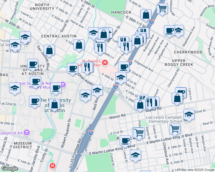 map of restaurants, bars, coffee shops, grocery stores, and more near 2703 Swisher Street in Austin