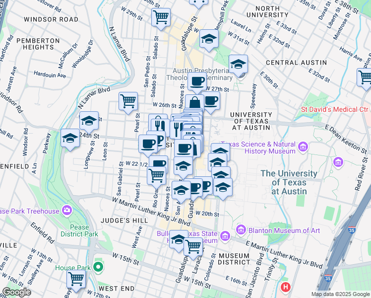 map of restaurants, bars, coffee shops, grocery stores, and more near 2323 San Antonio Street in Austin