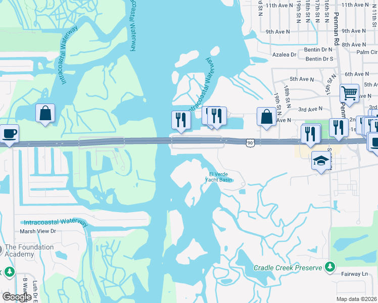 map of restaurants, bars, coffee shops, grocery stores, and more near 2620 Beach Boulevard in Jacksonville Beach