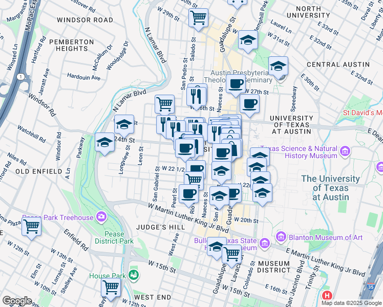 map of restaurants, bars, coffee shops, grocery stores, and more near 701 West 24th Street in Austin