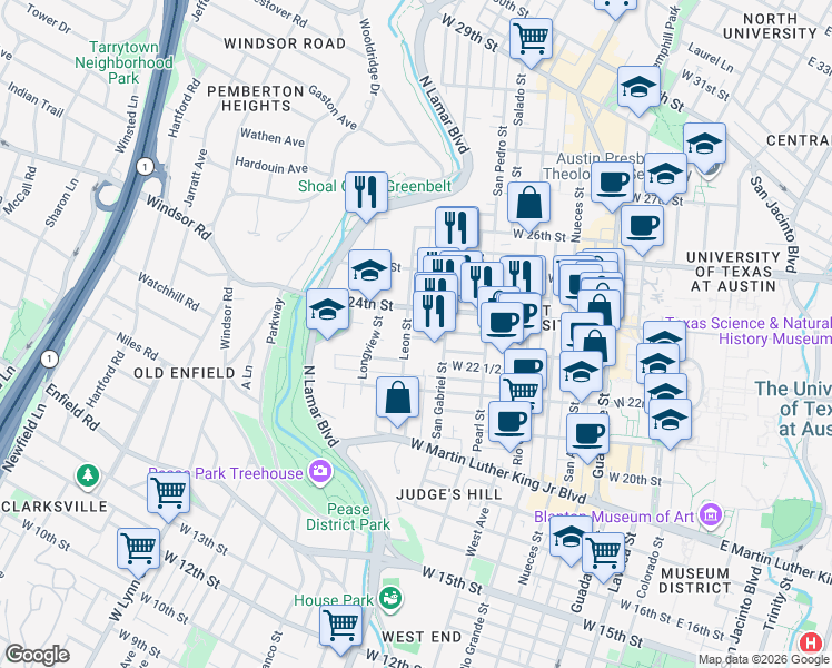 map of restaurants, bars, coffee shops, grocery stores, and more near 1010 West 23rd Street in Austin