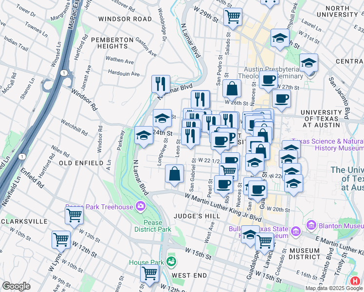map of restaurants, bars, coffee shops, grocery stores, and more near in Austin
