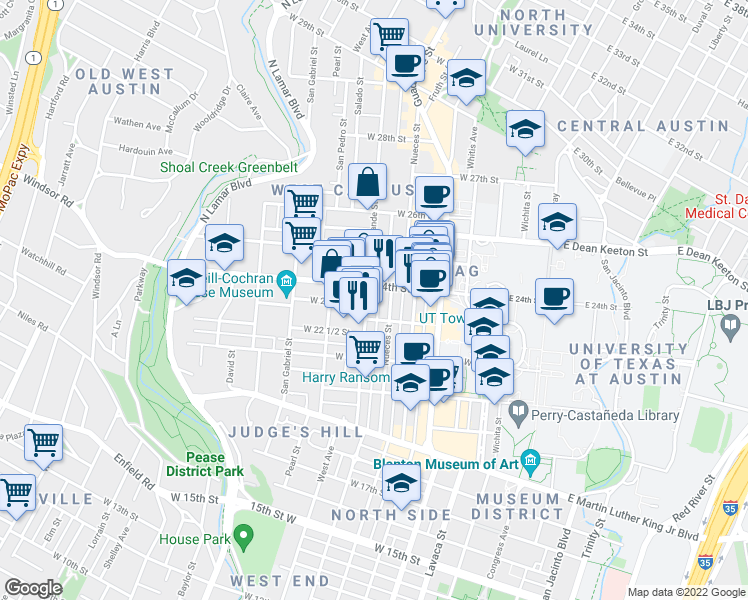 map of restaurants, bars, coffee shops, grocery stores, and more near 620 1/2 West 24th Street in Austin