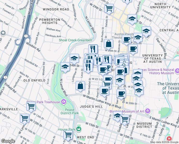 map of restaurants, bars, coffee shops, grocery stores, and more near 911 West 24th Street in Austin