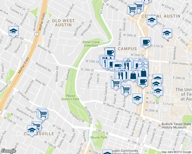 map of restaurants, bars, coffee shops, grocery stores, and more near 1201 West 24th Street in Austin