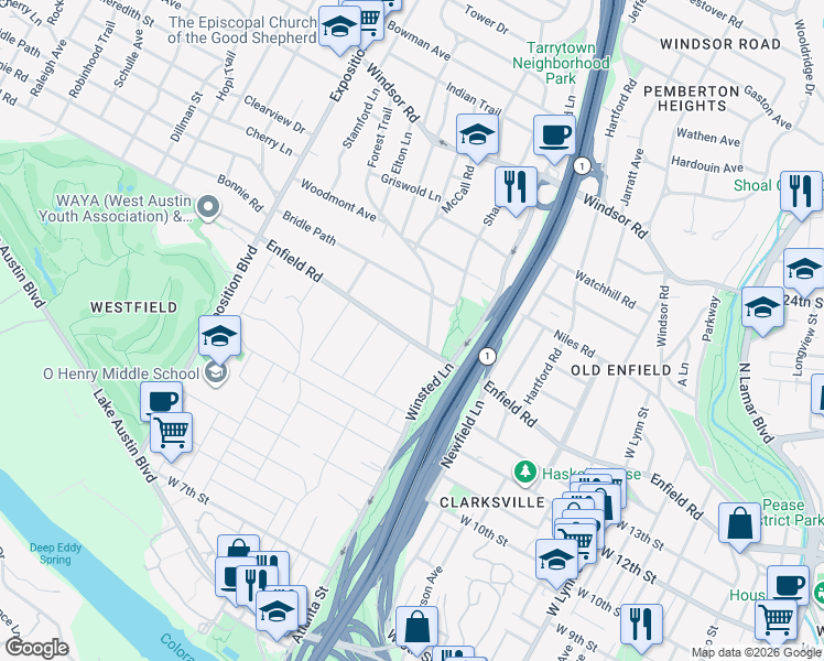 map of restaurants, bars, coffee shops, grocery stores, and more near 1515 Forest Trail in Austin