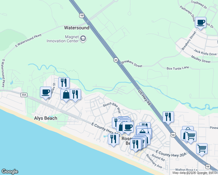 map of restaurants, bars, coffee shops, grocery stores, and more near 195 Redbud Lane in Rosemary Beach