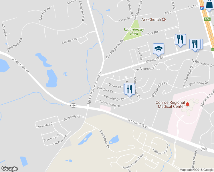 map of restaurants, bars, coffee shops, grocery stores, and more near 29 Dover Drive in Conroe