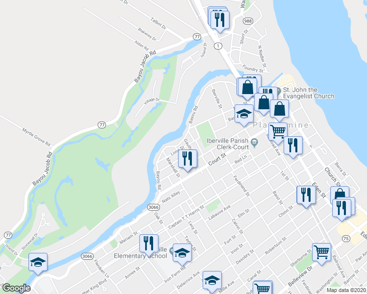 map of restaurants, bars, coffee shops, grocery stores, and more near 58320 Long Street in Plaquemine