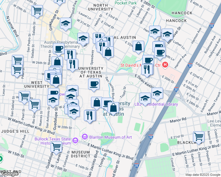 map of restaurants, bars, coffee shops, grocery stores, and more near 2484 San Jacinto Boulevard in Austin