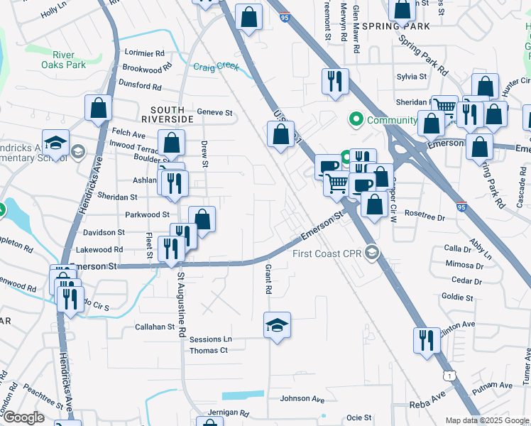 map of restaurants, bars, coffee shops, grocery stores, and more near 3628 Basil Road in Jacksonville