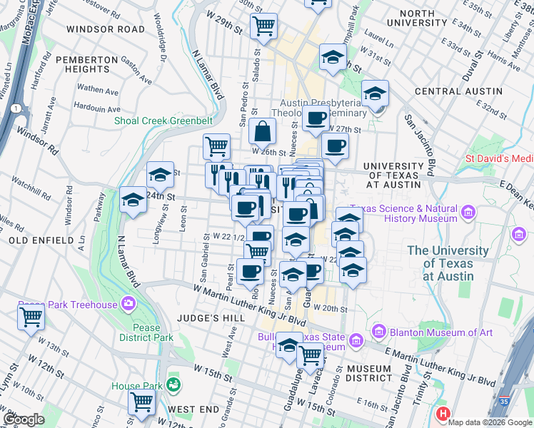 map of restaurants, bars, coffee shops, grocery stores, and more near in Austin