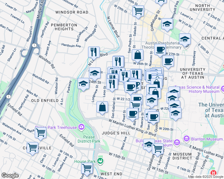 map of restaurants, bars, coffee shops, grocery stores, and more near 2310 San Gabriel Street in Austin